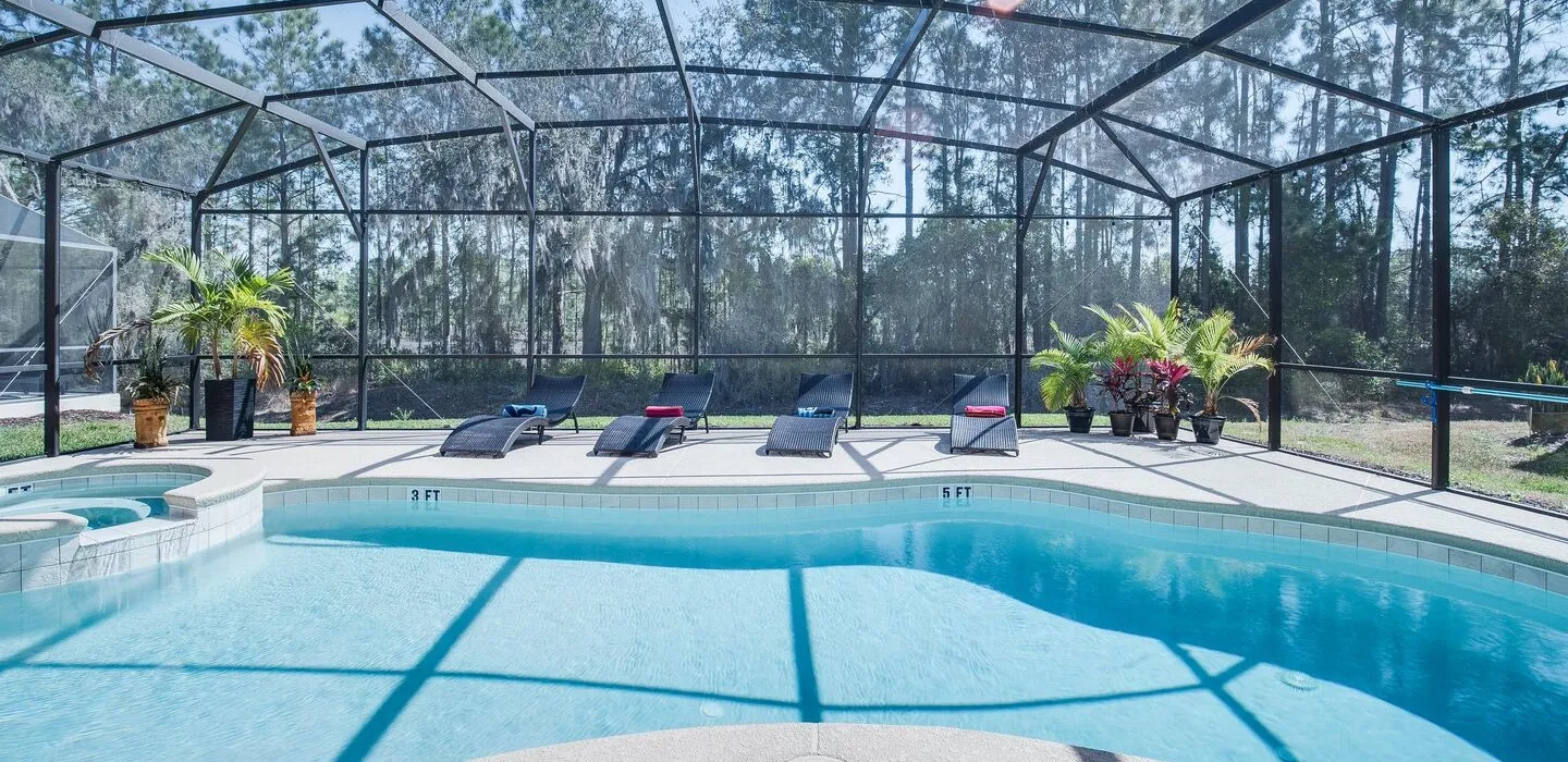 South-facing private pool and sun terrace at The Watersong Residence villa in Davenport, Florida